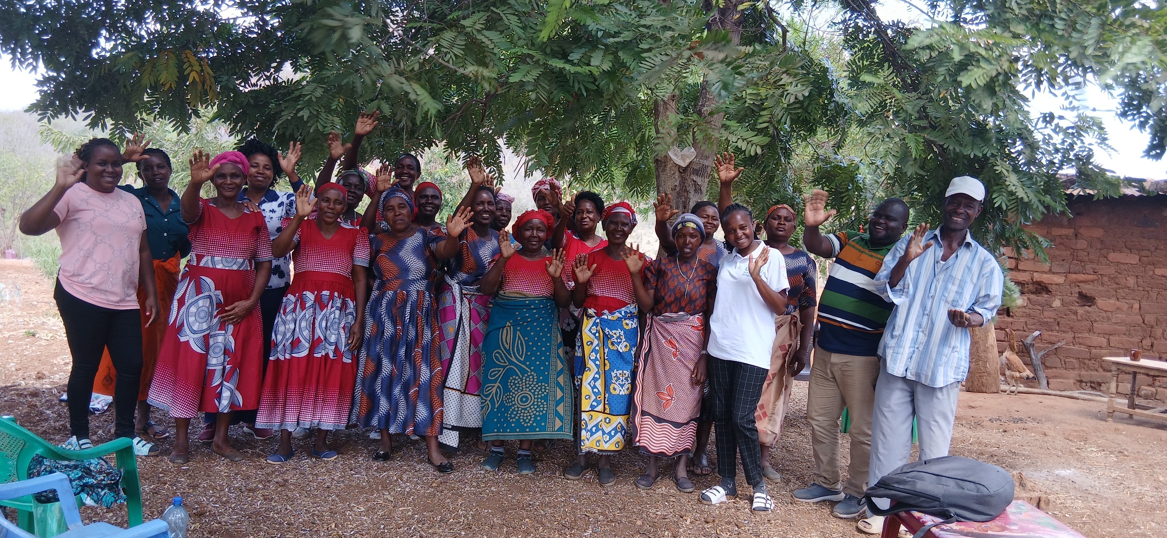 A group of people waving under a tree in a Kenyan countryside