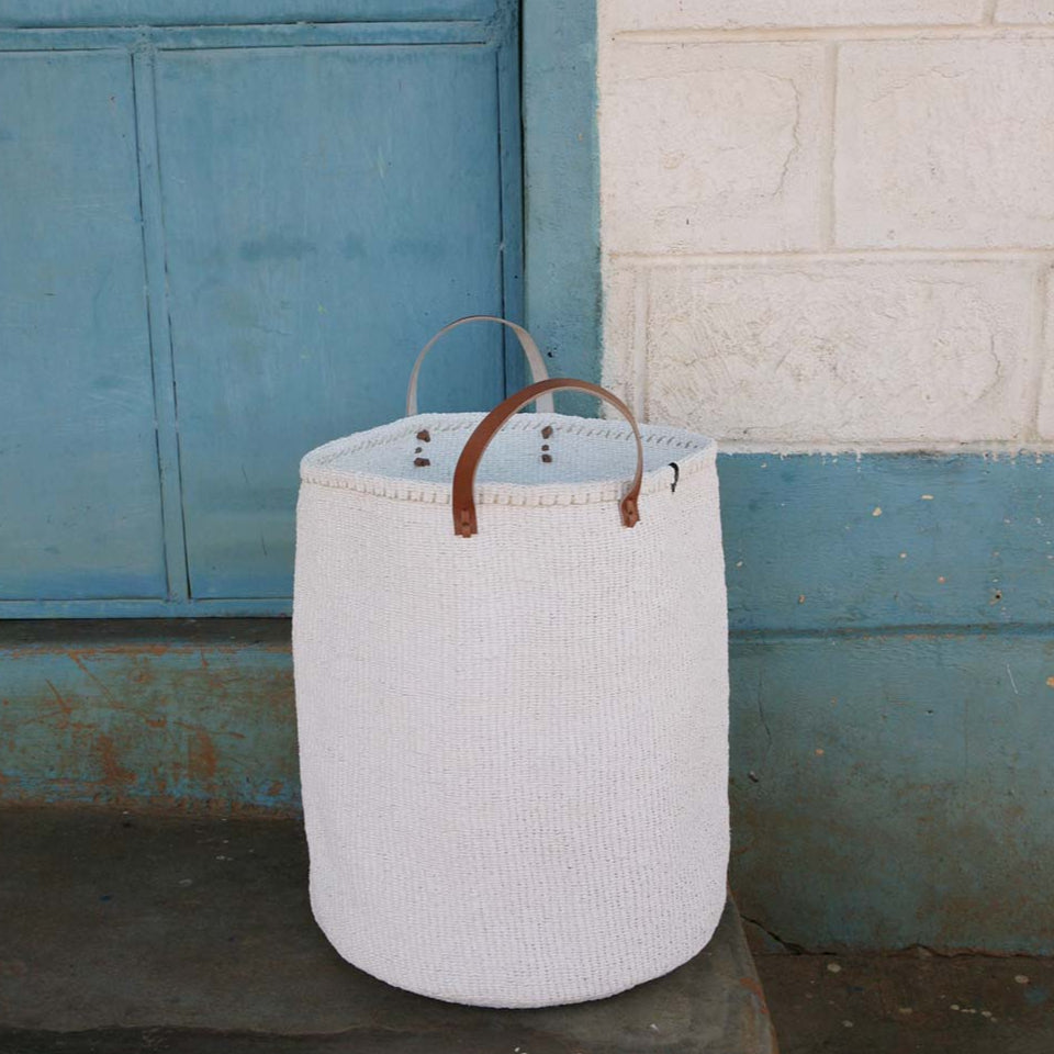 XL basket handmade fair trade white recycled plastic leather handles