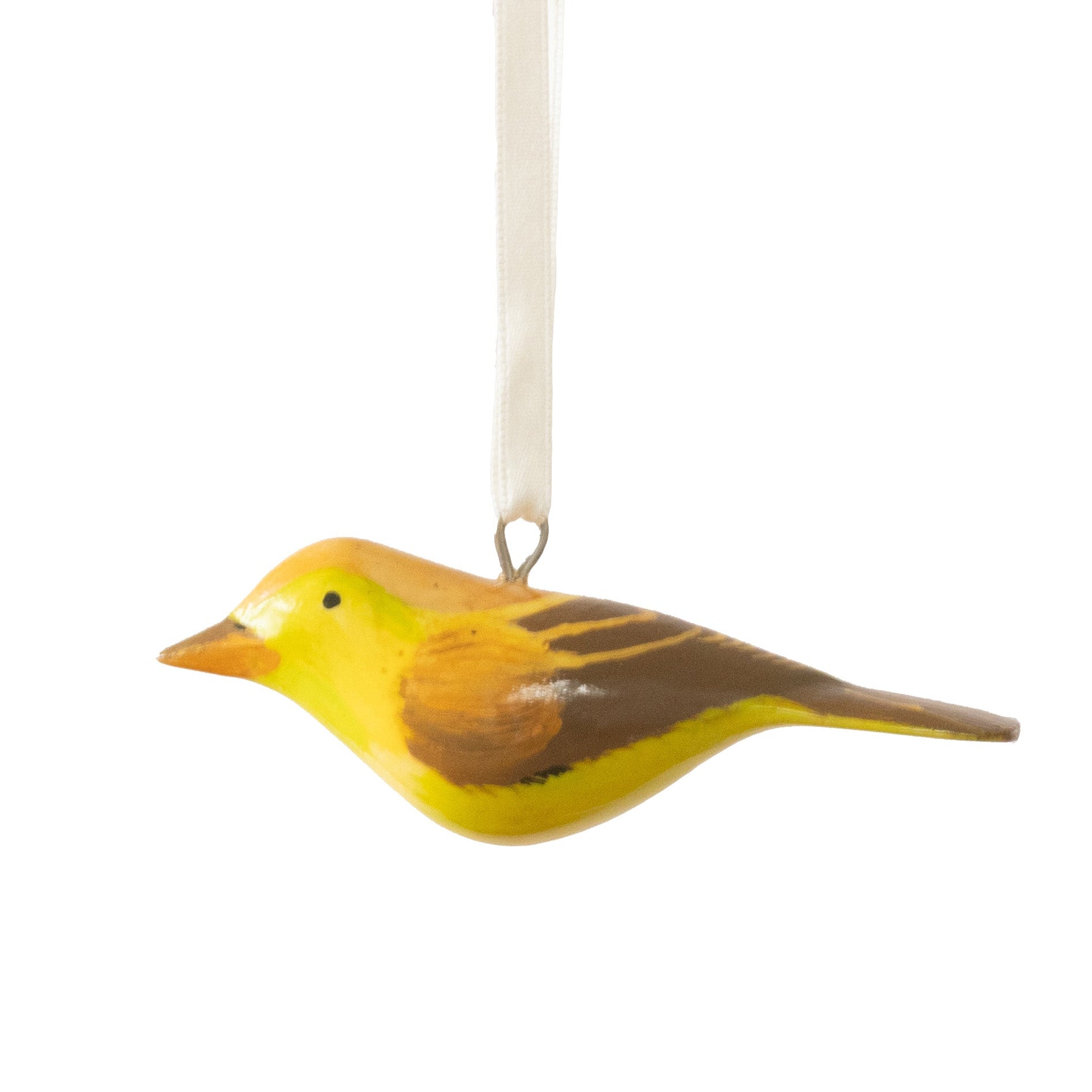 Yellow and brown bird ornament on a white background