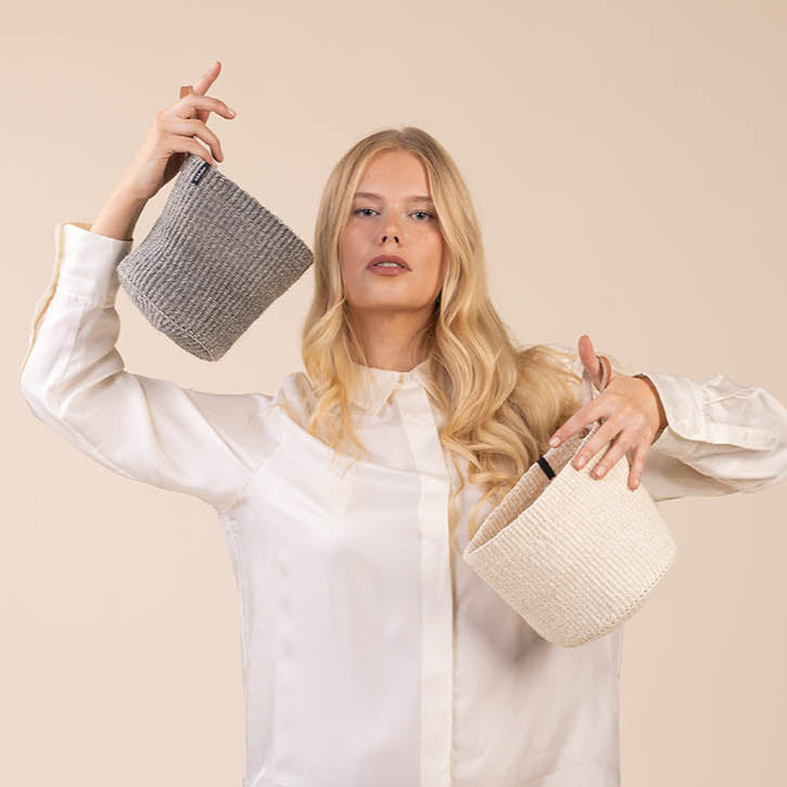 natural sisal basket XS with leather loop handmade fair trade