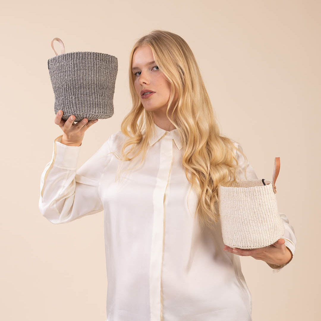 natural sisal basket XS with leather loop handmade fair trade