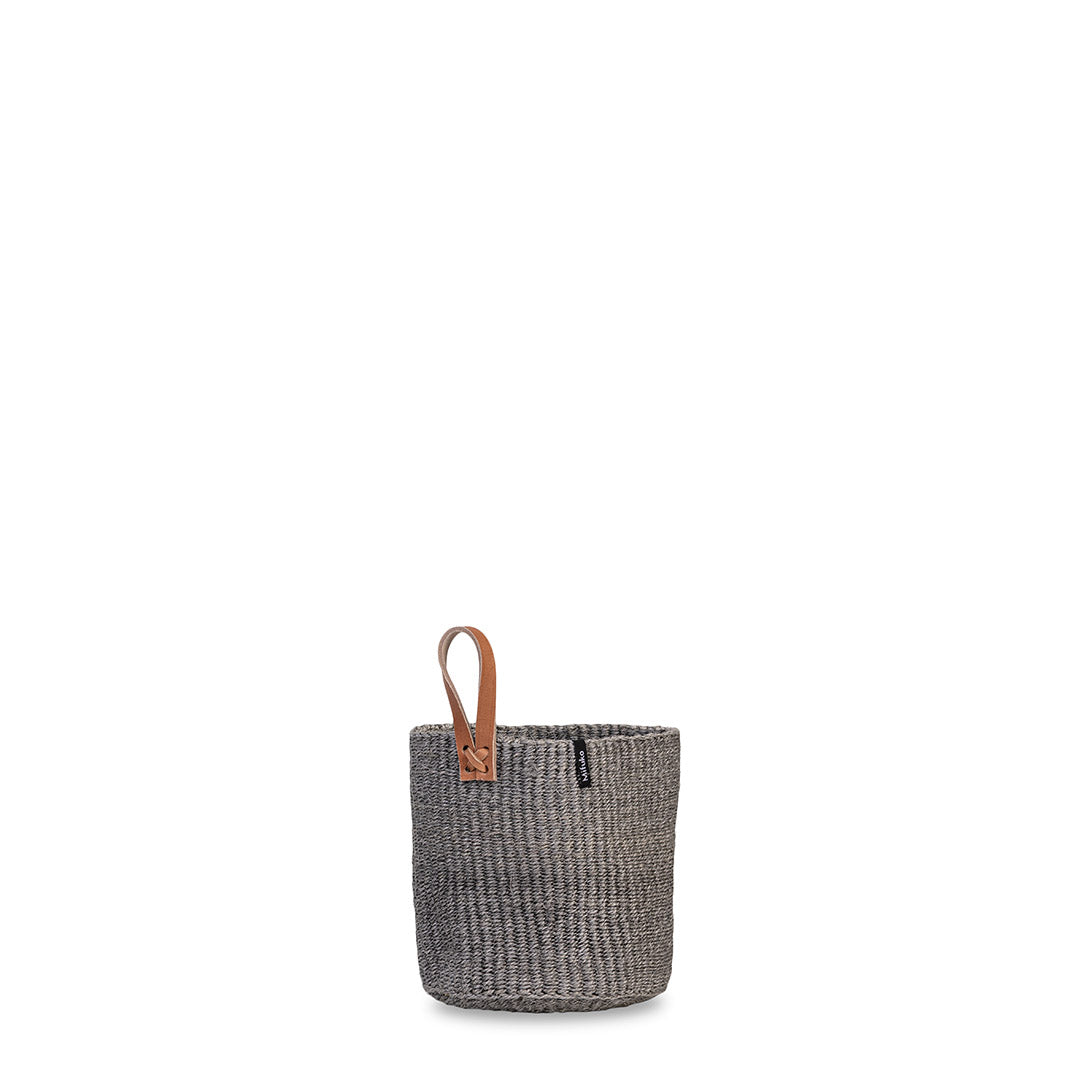 grey sisal basket with leather loop, handmade fair trade