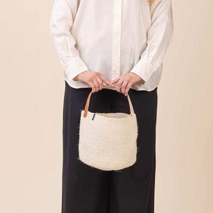 natural sisal basket with leather handle fair trade handmade