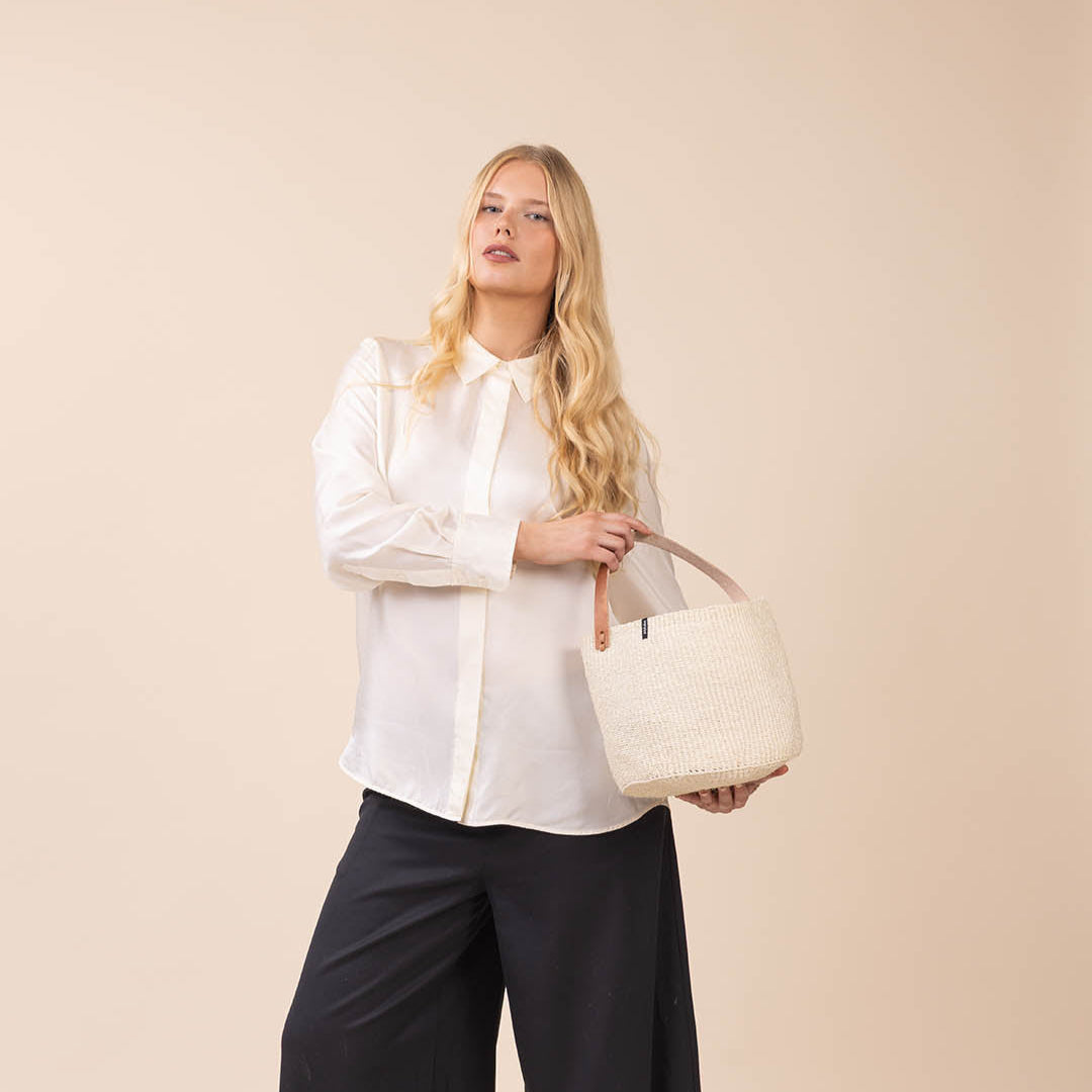 natural sisal basket with leather handle fair trade handmade