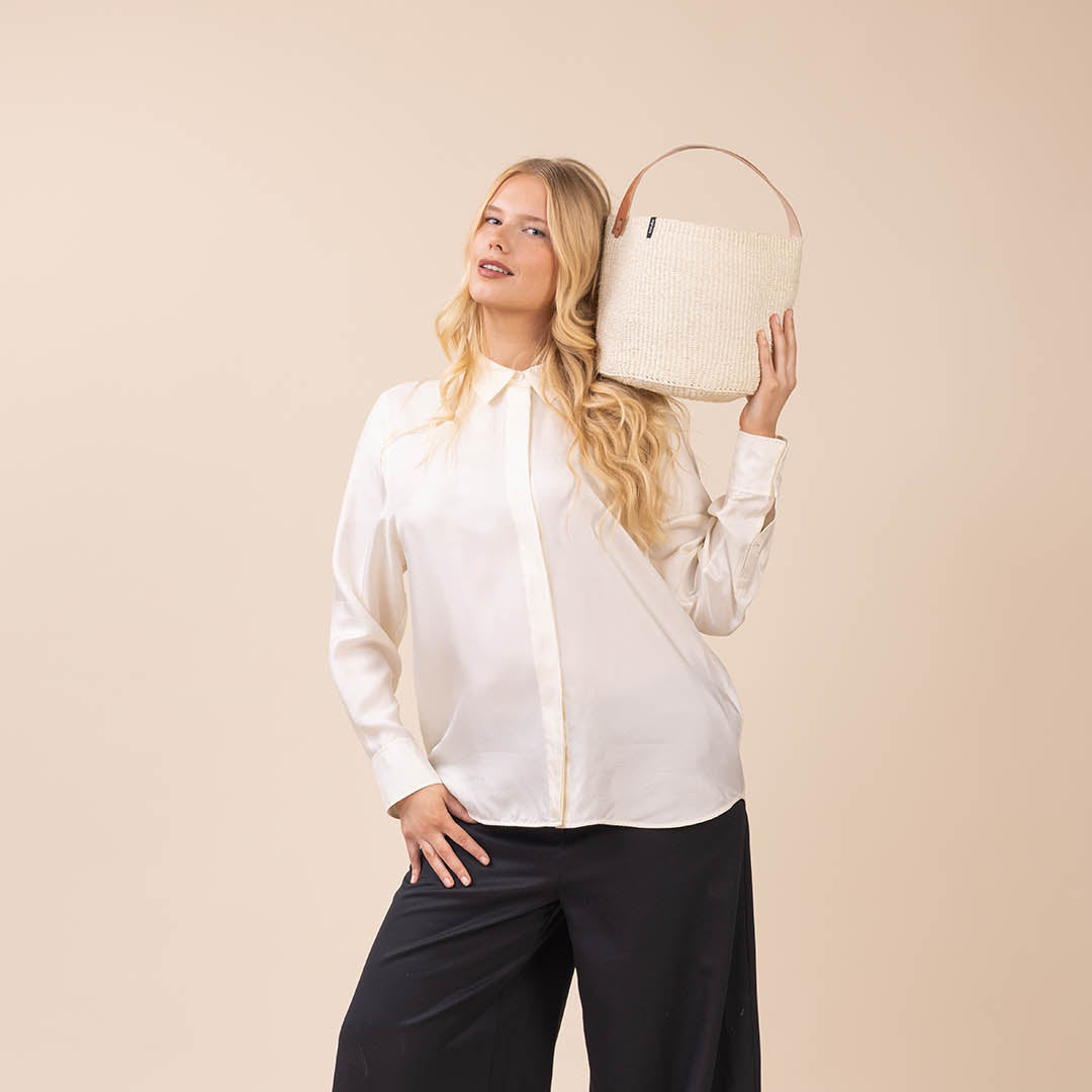 natural sisal basket with leather handle fair trade handmade