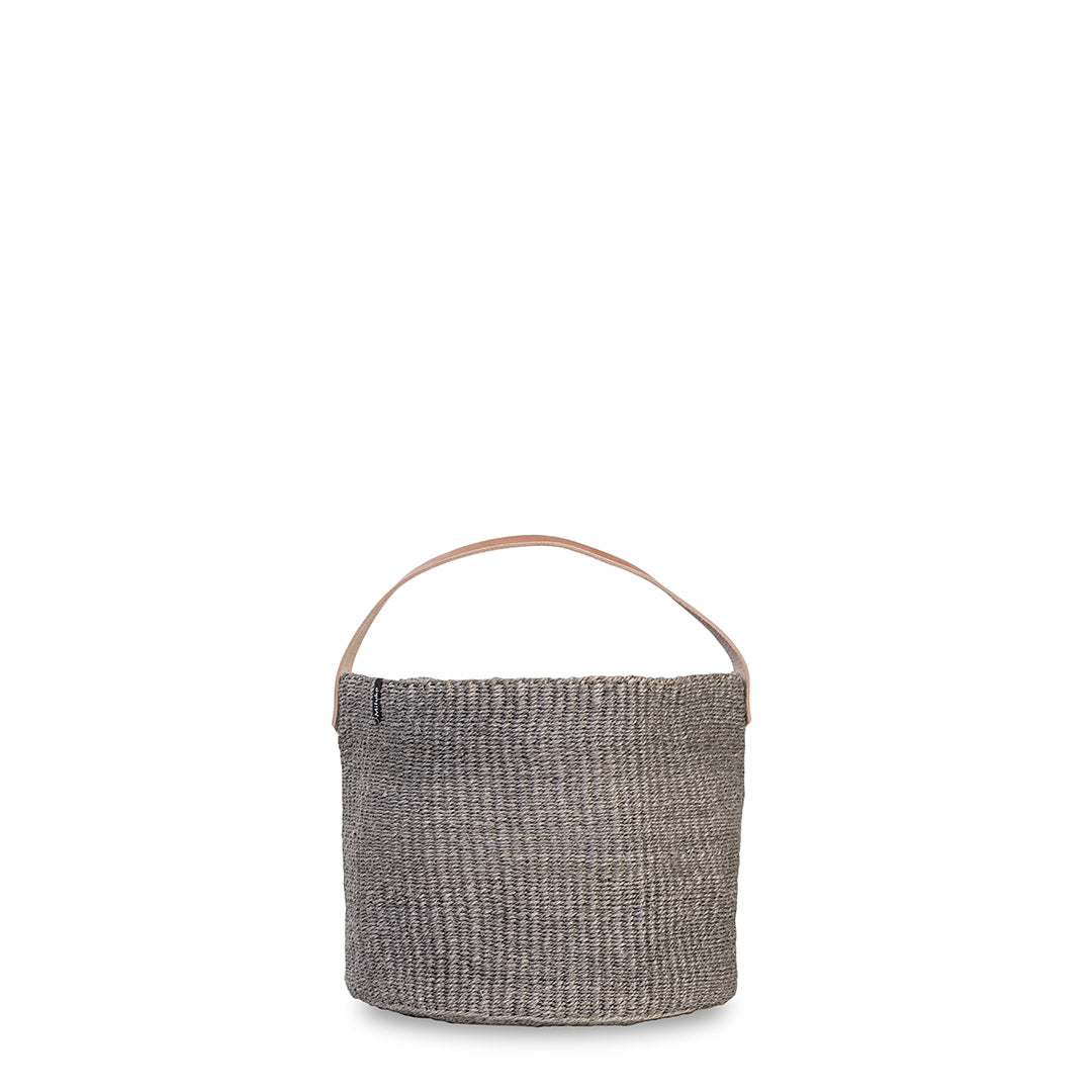 grey sisal basket with leather handle handmade fair trade