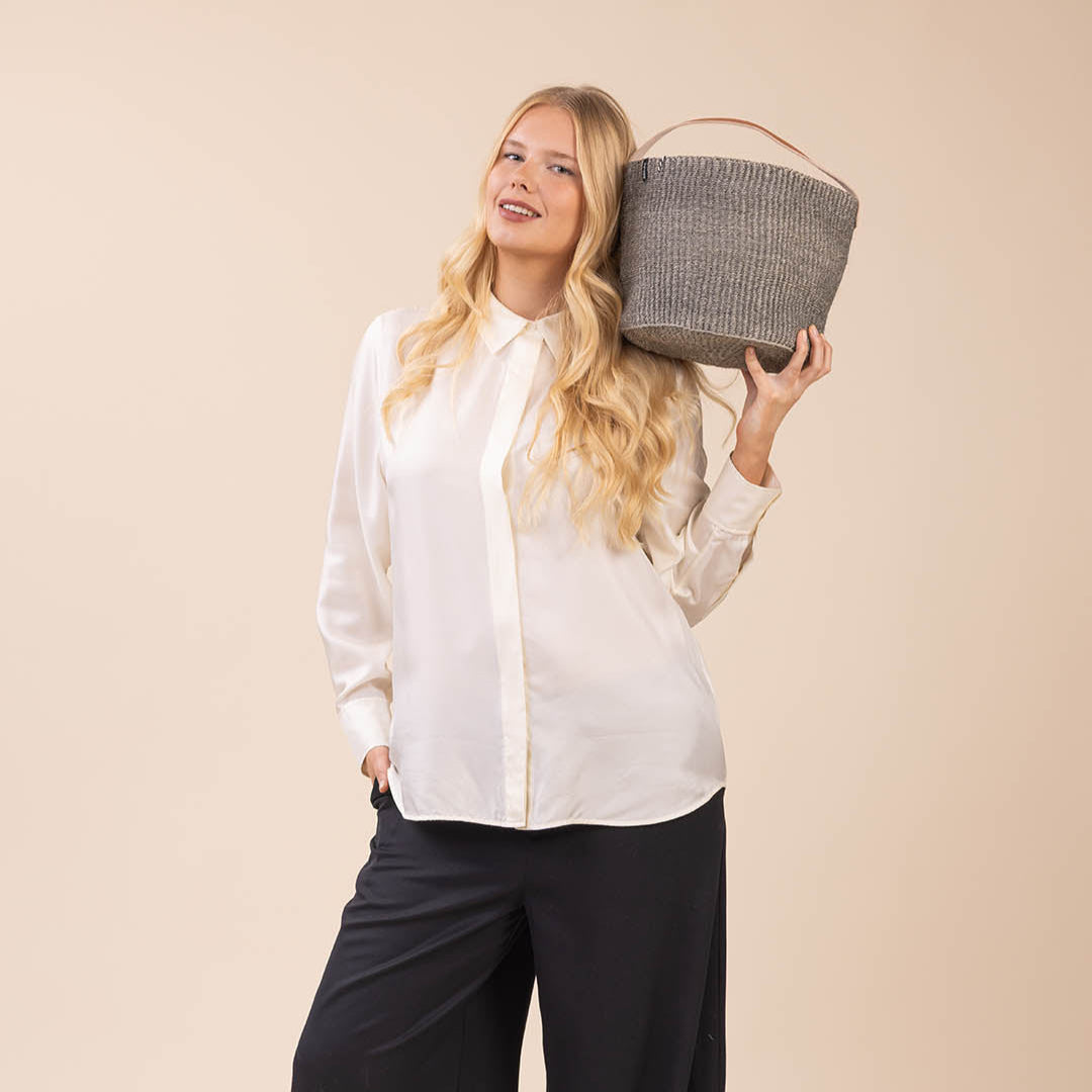 grey sisal basket with leather handle handmade fair trade