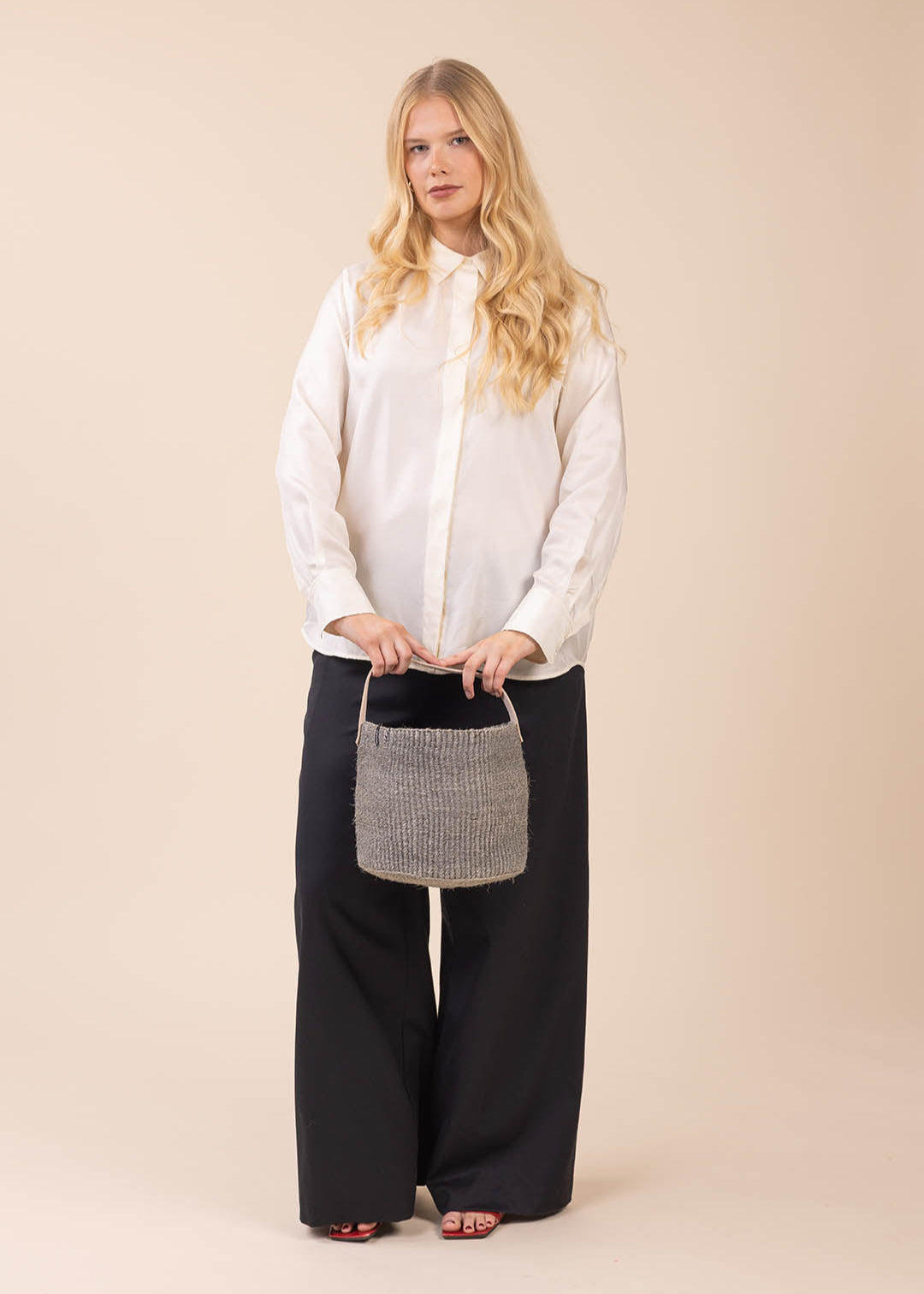 grey sisal basket with leather handle handmade fair trade