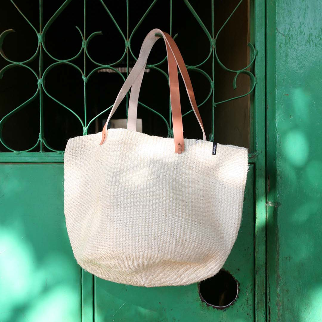 M size sisal shopper handmade fair trade beautiful leather handles