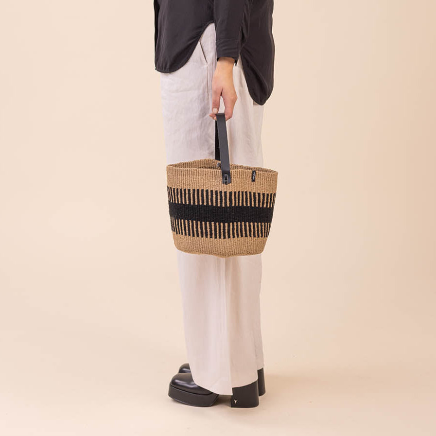 small rib weave basket with leather handle fair trade handmade