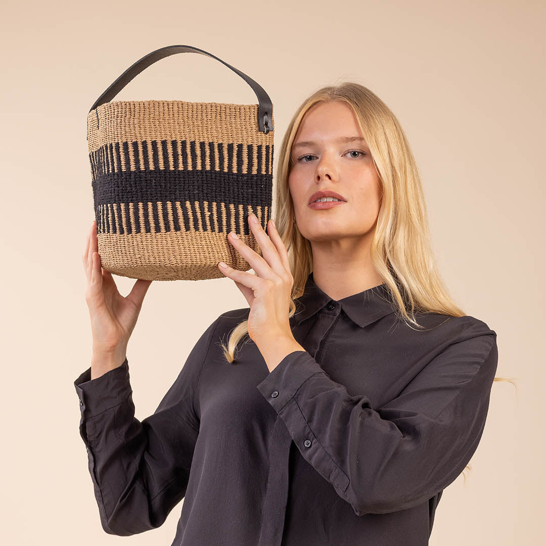 small rib weave basket with leather handle fair trade handmade