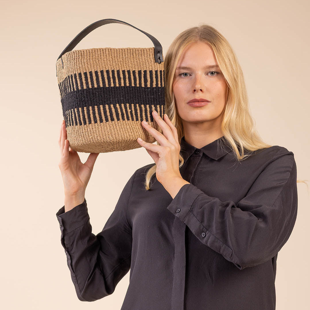 small rib weave basket with leather handle fair trade handmade