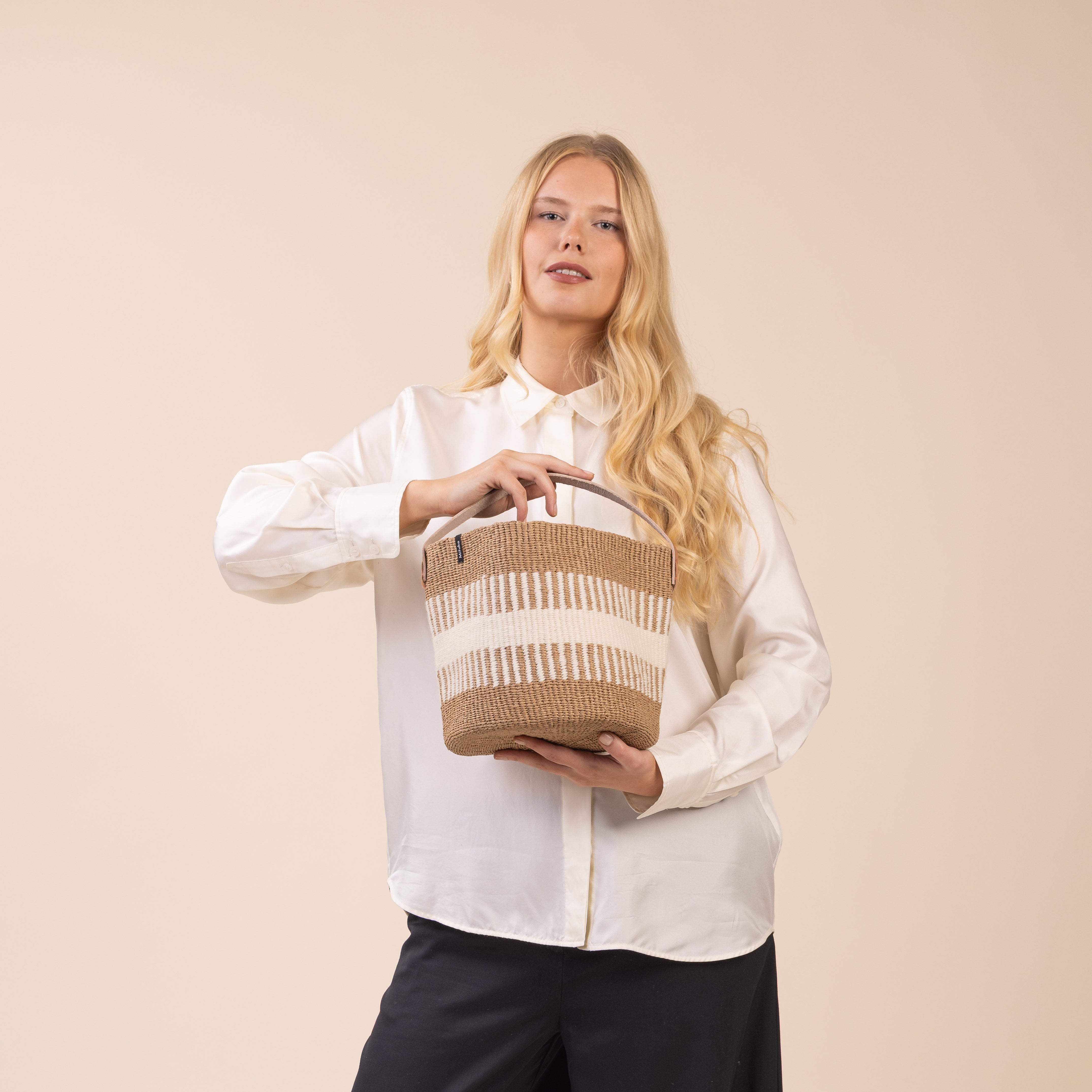 rib weave white small basket with leather handle fair trade handmade