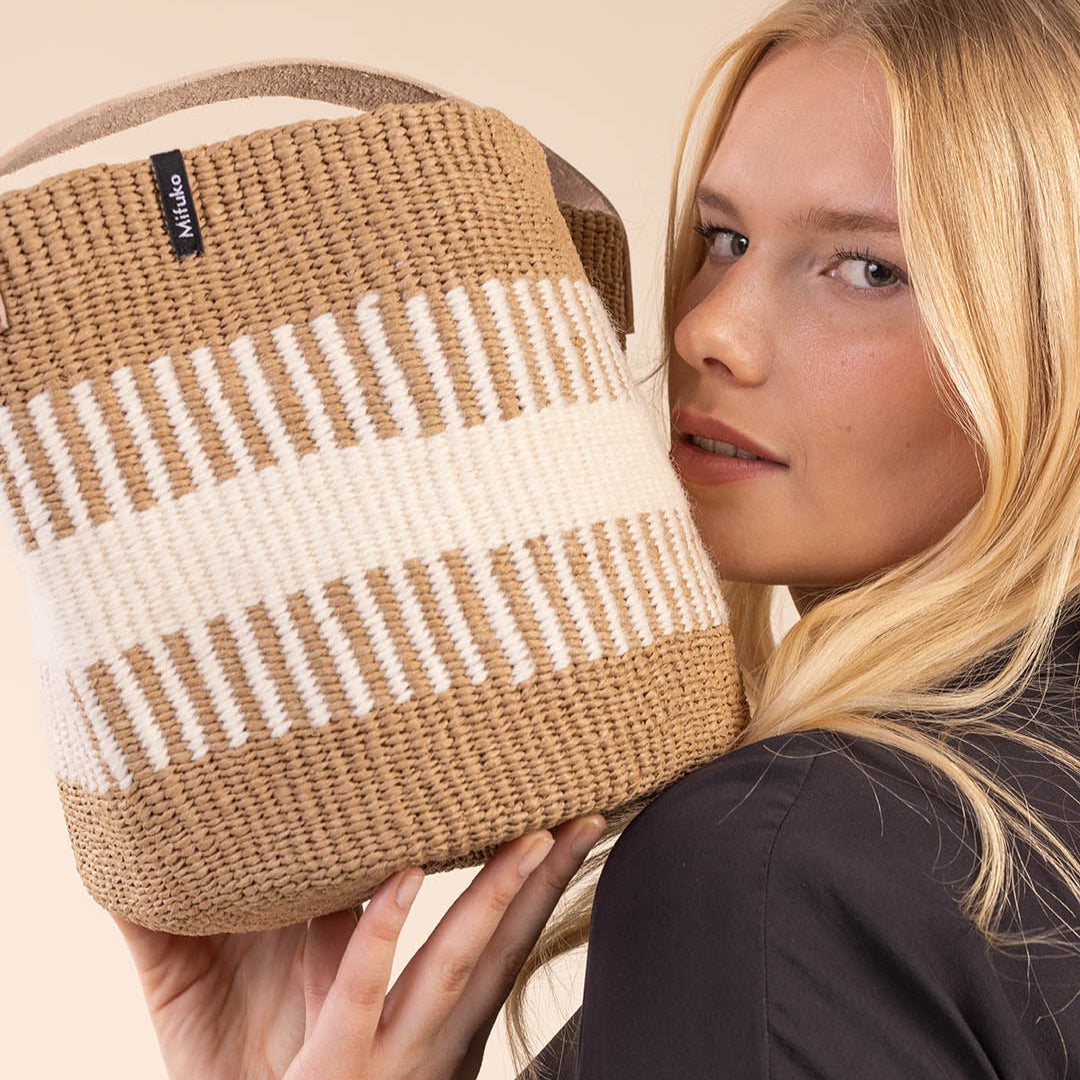 rib weave white small basket with leather handle fair trade handmade