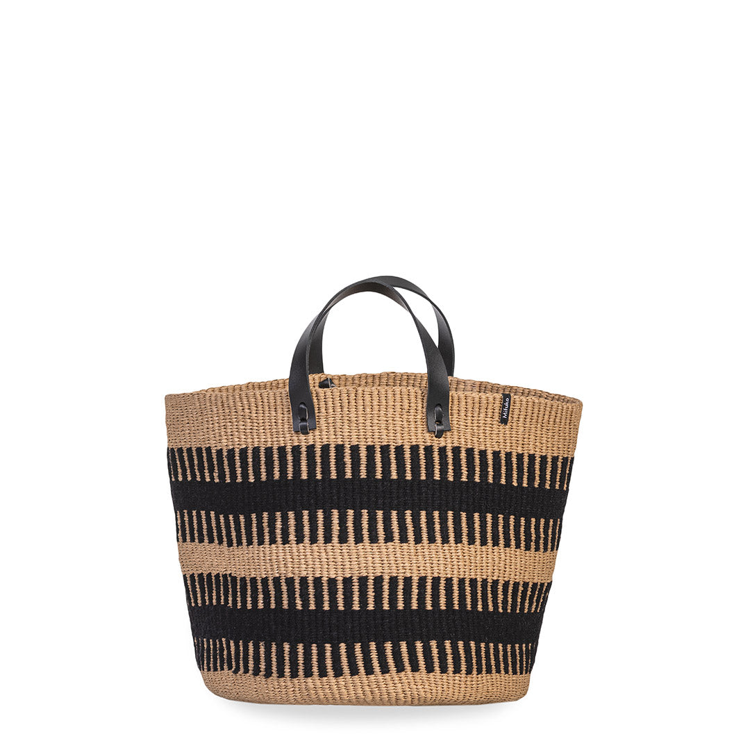Rib weave basket black leather handles fair trade handmade