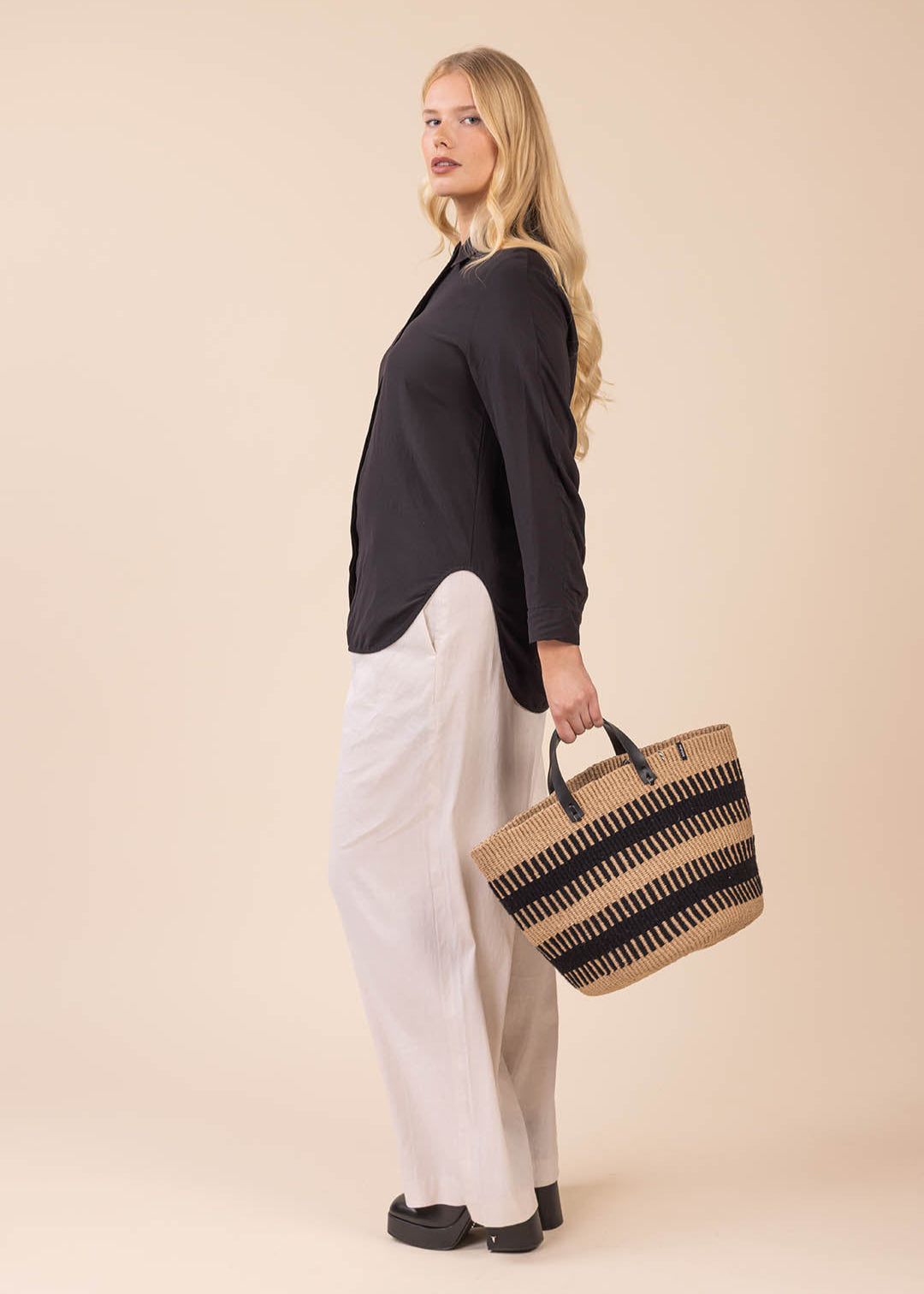 Rib weave basket black leather handles fair trade handmade