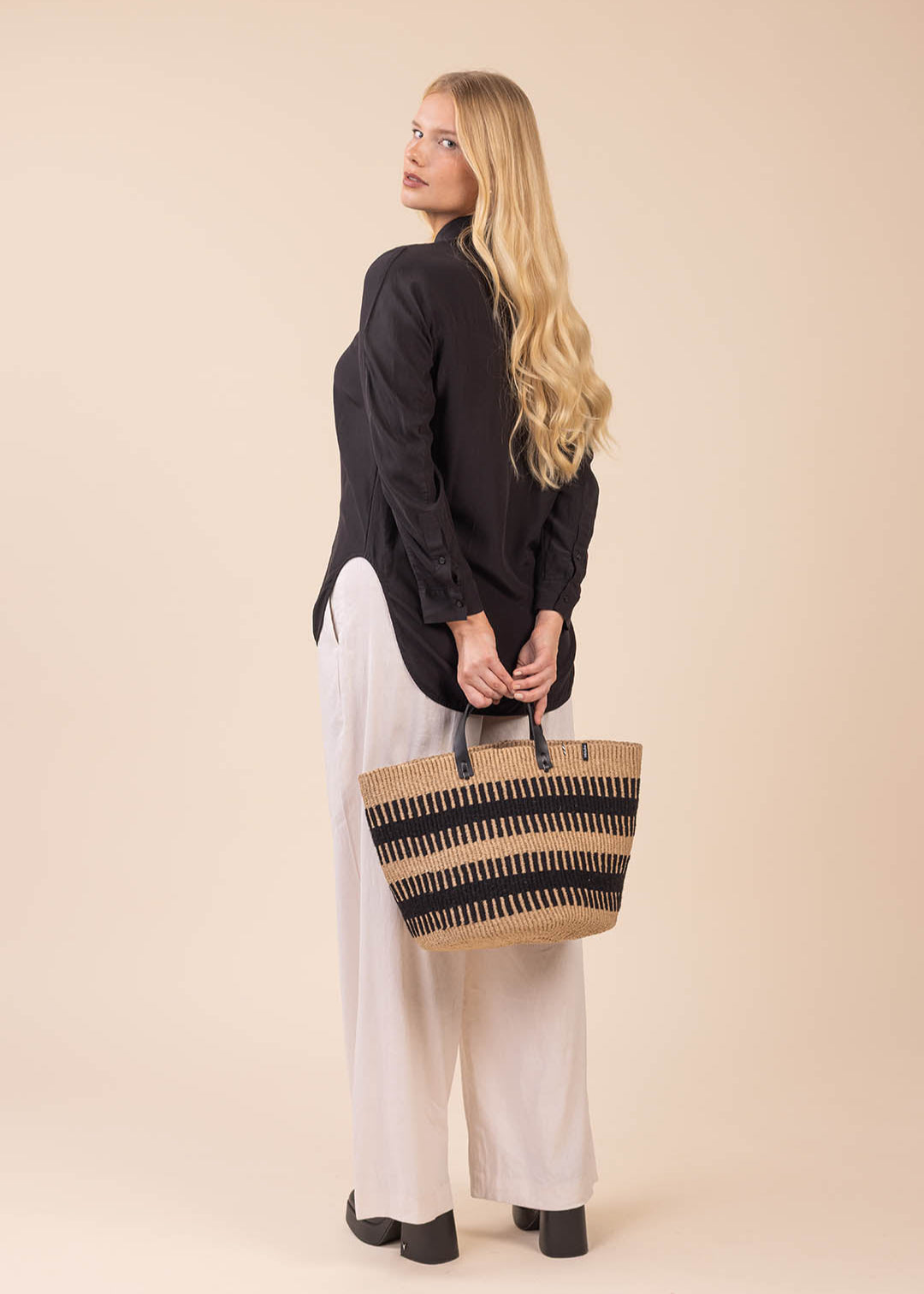 Rib weave basket black leather handles fair trade handmade