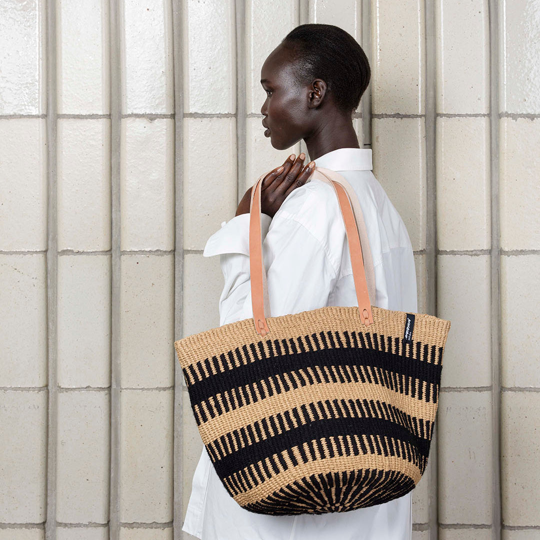 Mifuko Wool and paper Shopper basket Pamba Shopper basket | Black rib weave M leather handles fair trade handmade