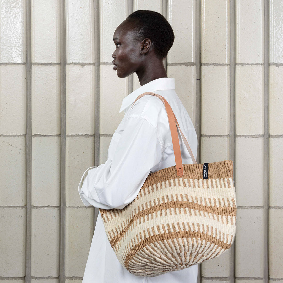 Mifuko Wool and paper Shopper basket Pamba shopper basket | White rib weave M leather handles fair trade handmade