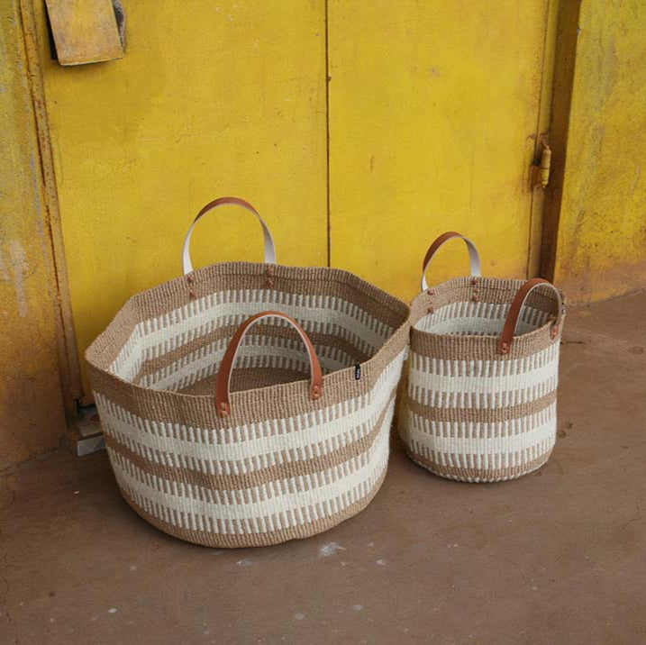 Mifuko Wool and paper Large basket with leather handle XXL Pamba floor basket | White rib weave with Handle XXL handmade fair trade