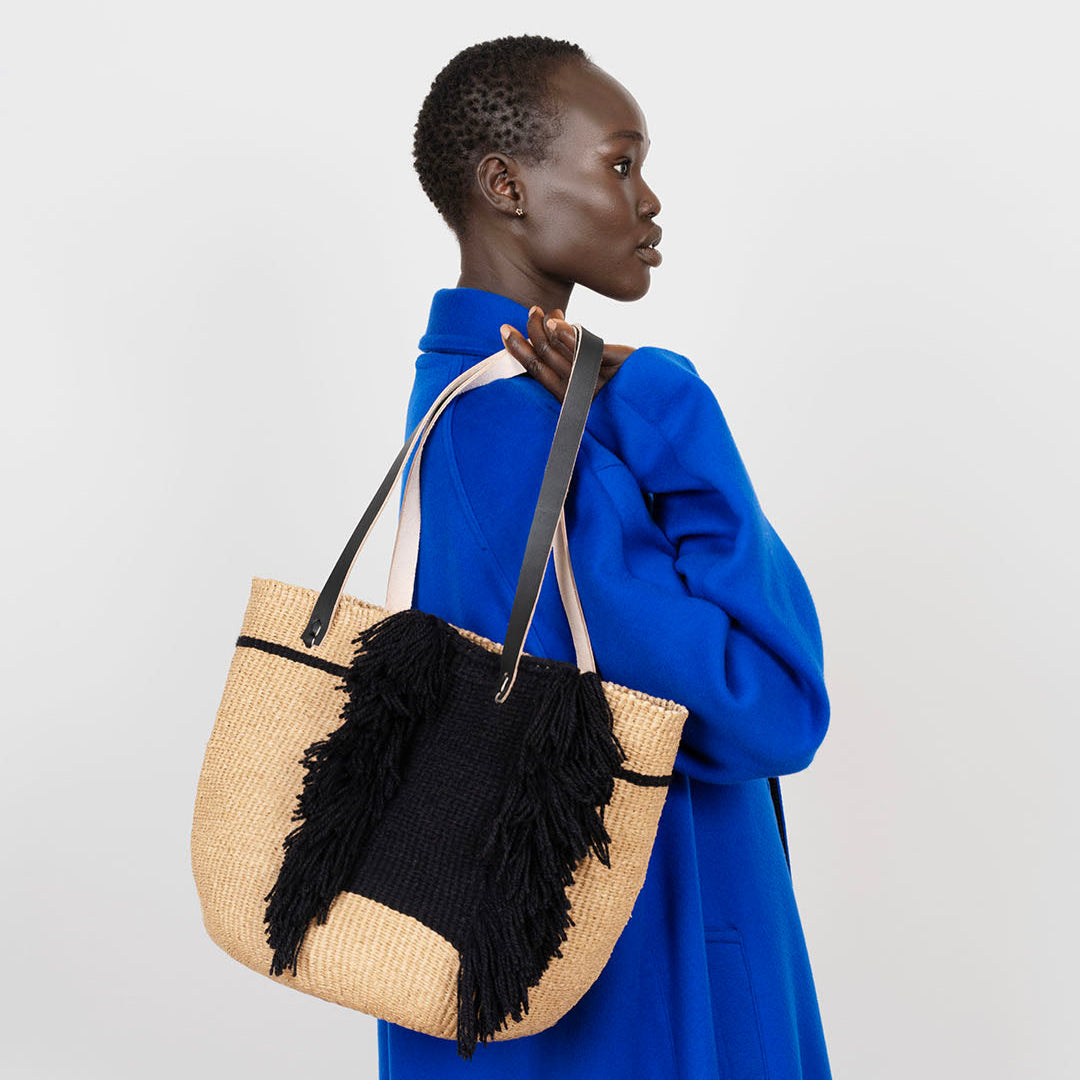 Mifuko Wool and paper Shopper basket Pamba shopper basket | Ervin Latimer design black M fair trade handmade black leather handles