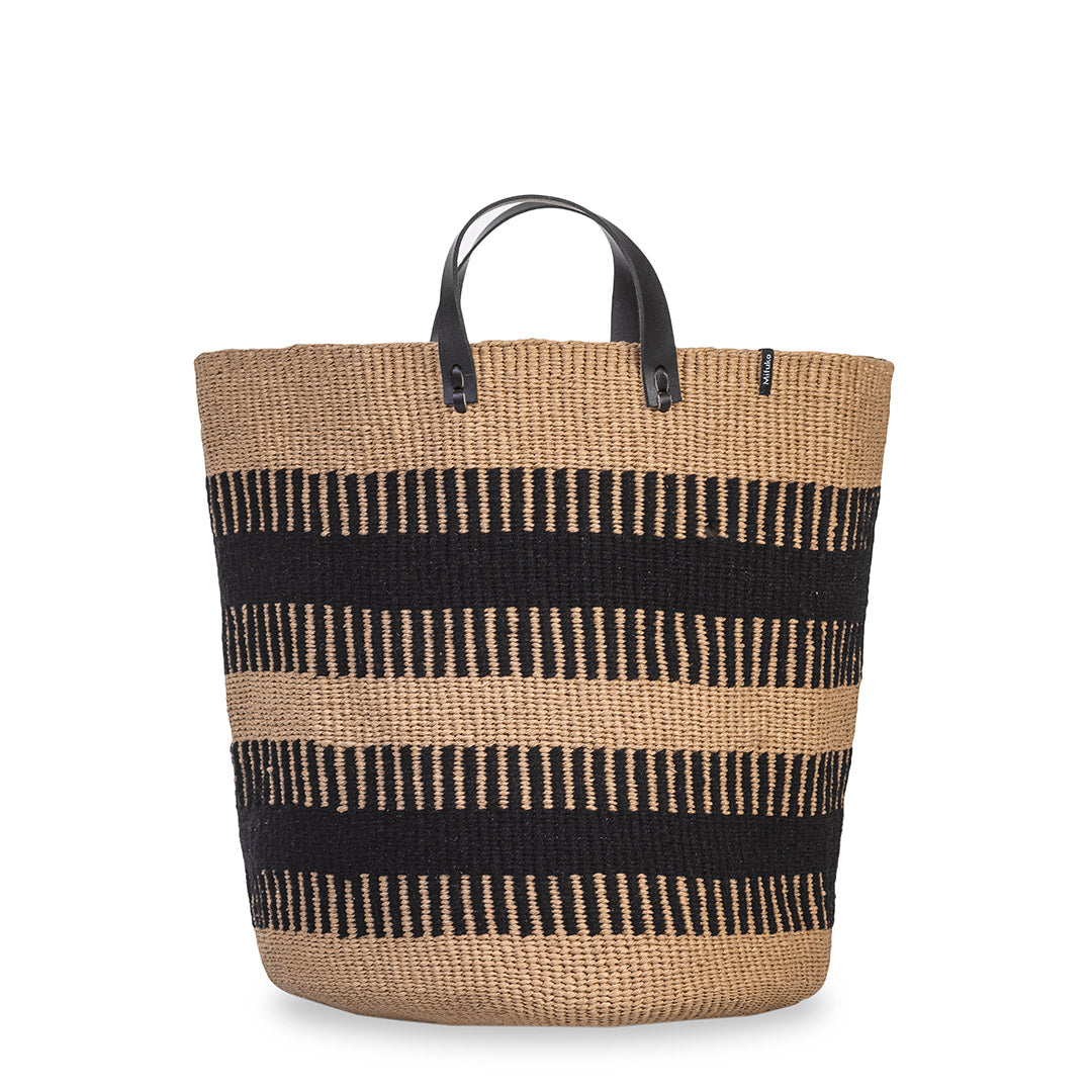 rib weave wool basket with black handles handmade fair trade