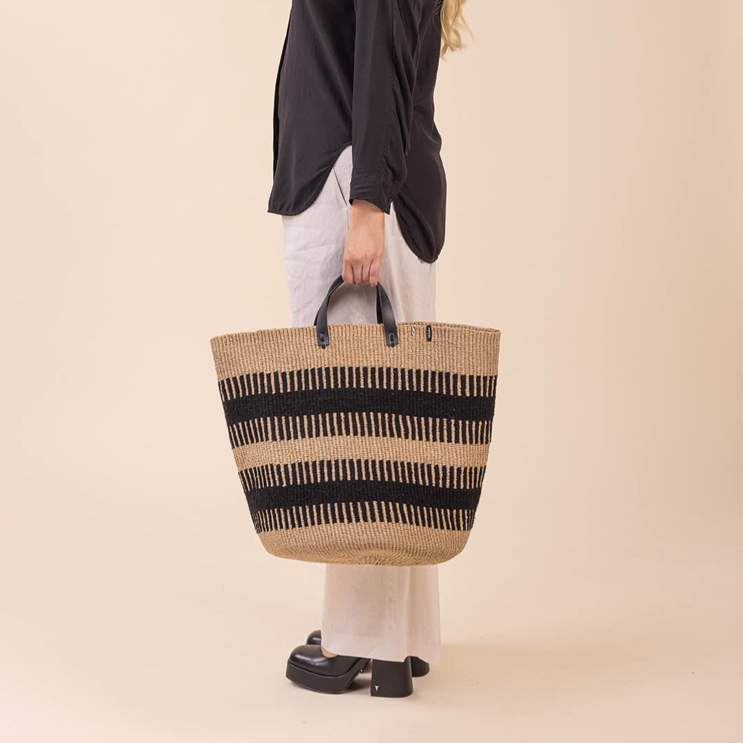 rib weave wool basket with black handles handmade fair trade