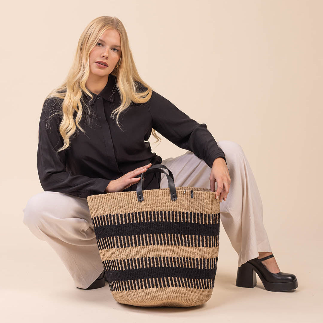 rib weave wool basket with black handles handmade fair trade