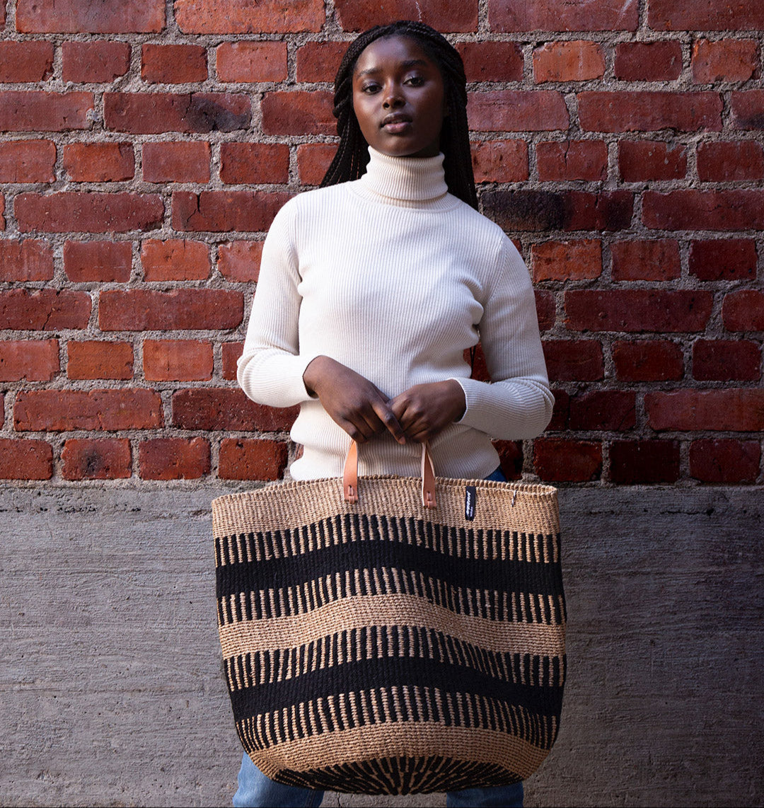 Mifuko Wool and paper Market basket Pamba market basket | Black rib weave L handmade fair trade