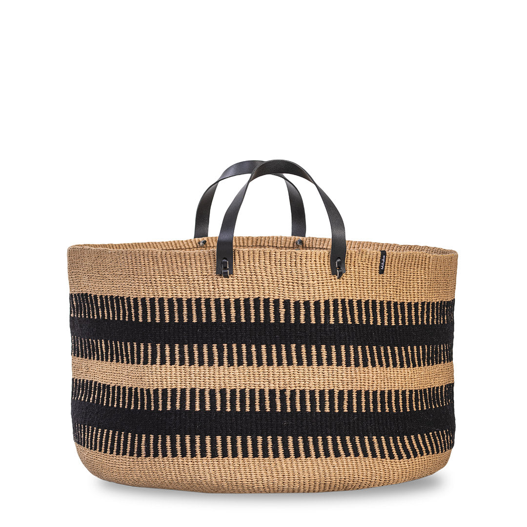 Large floor basket handmade  fair trade black leather handles