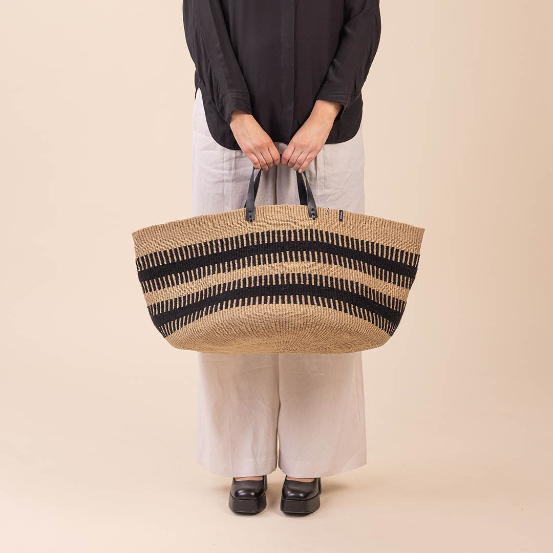 Large floor basket handmade fair trade black leather handles