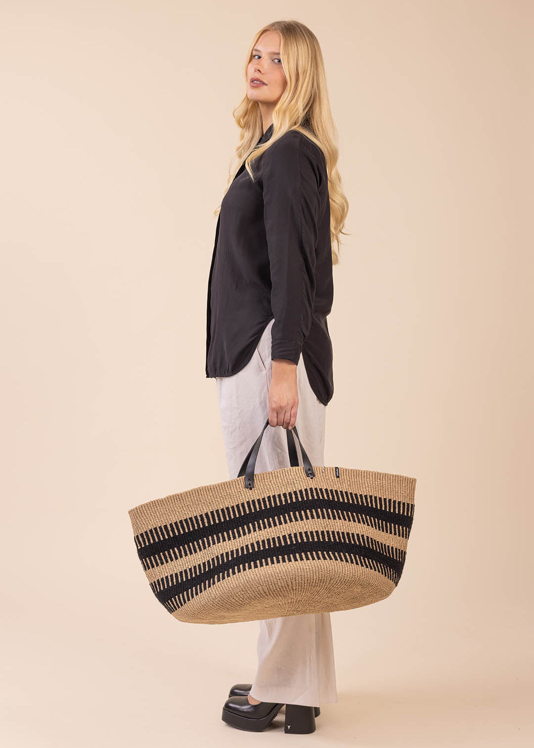 Large floor basket handmade  fair trade black leather handles