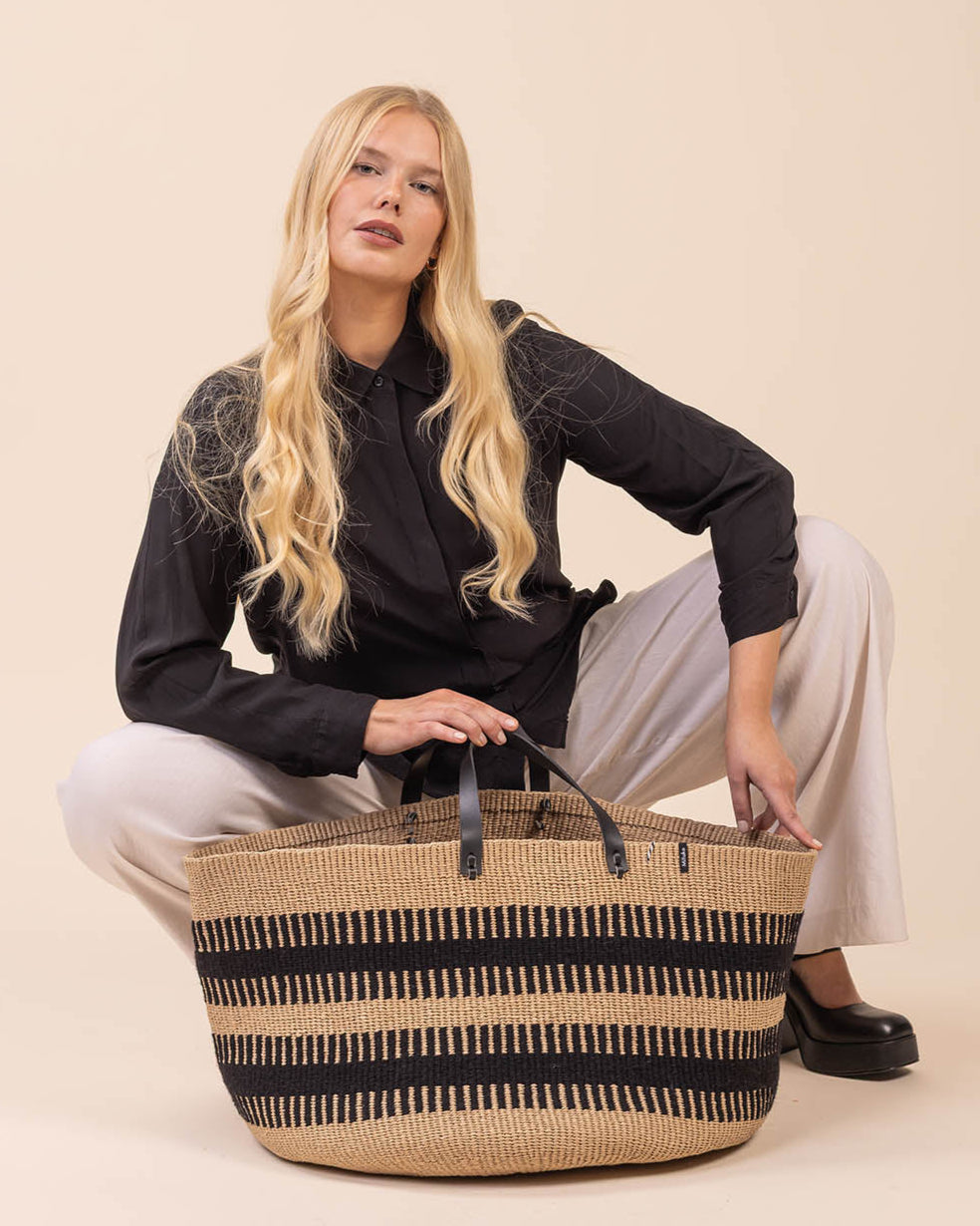 Large floor basket handmade fair trade black leather handles