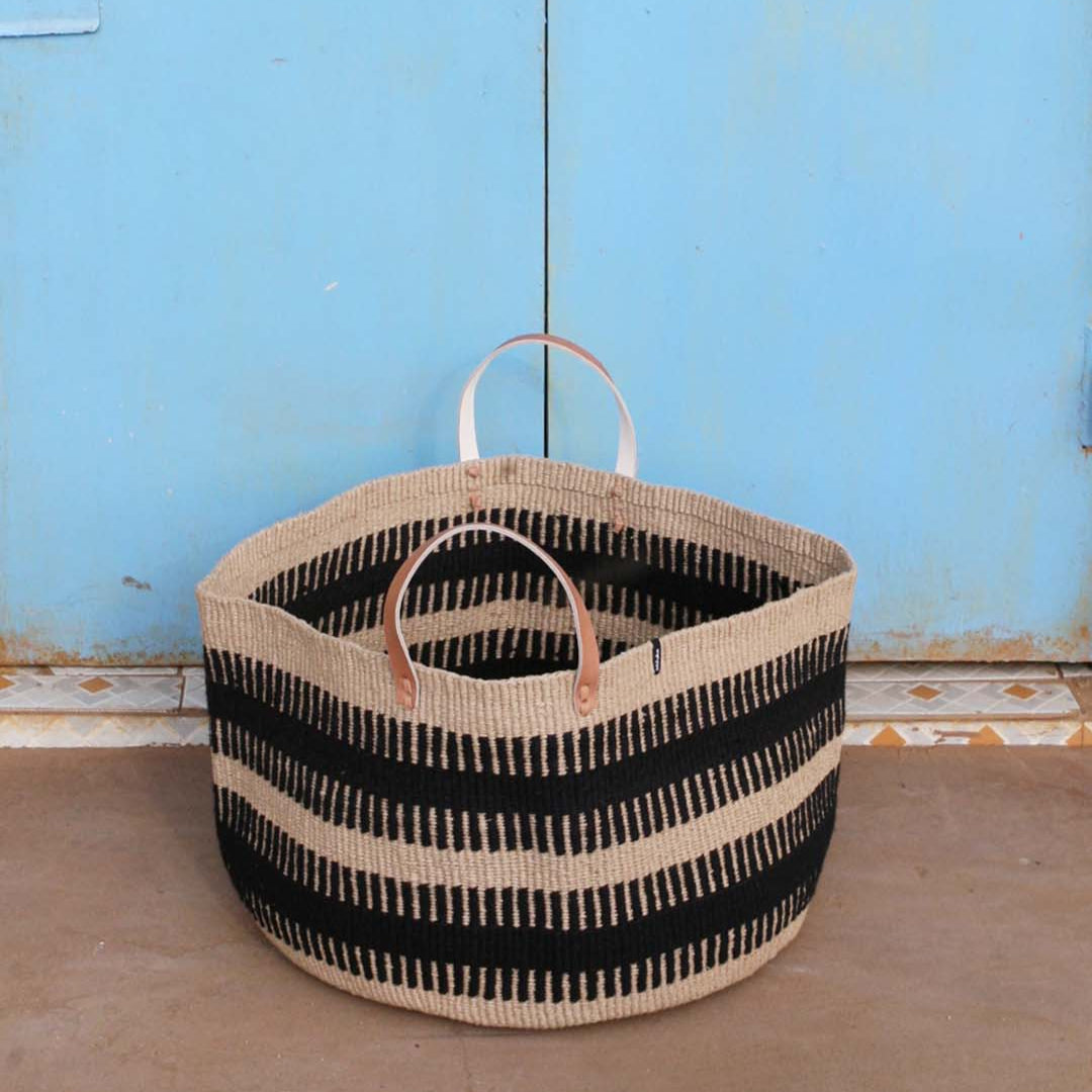 Mifuko Wool and paper Large basket with handle Pamba floor basket | Black rib weave with leather handles XXL handmade fair trade