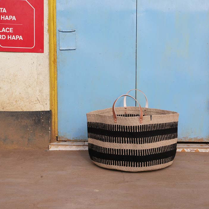 Mifuko Wool and paper Large basket with handle Pamba floor basket | Black rib weave with leather handles XXL handmade fair trade