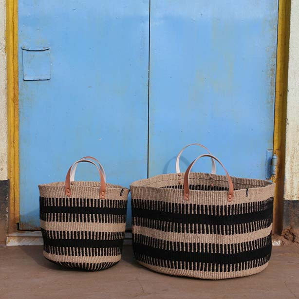Mifuko Wool and paper Large basket with handle Pamba floor basket | Black rib weave with leather handles XXL handmade fair trade