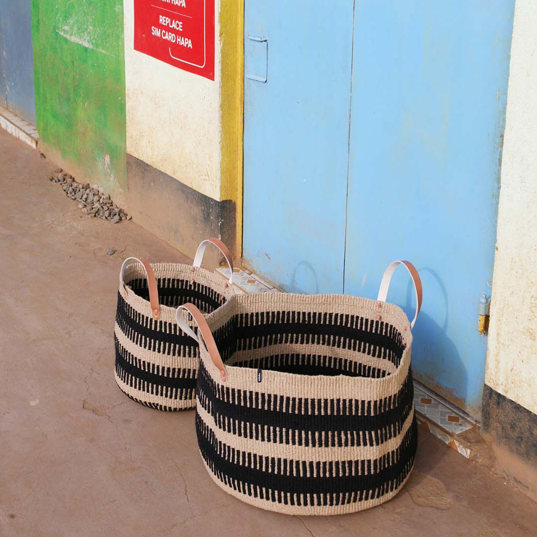 Mifuko Wool and paper Large basket with handle Pamba floor basket | Black rib weave with leather handles XXL handmade fair trade
