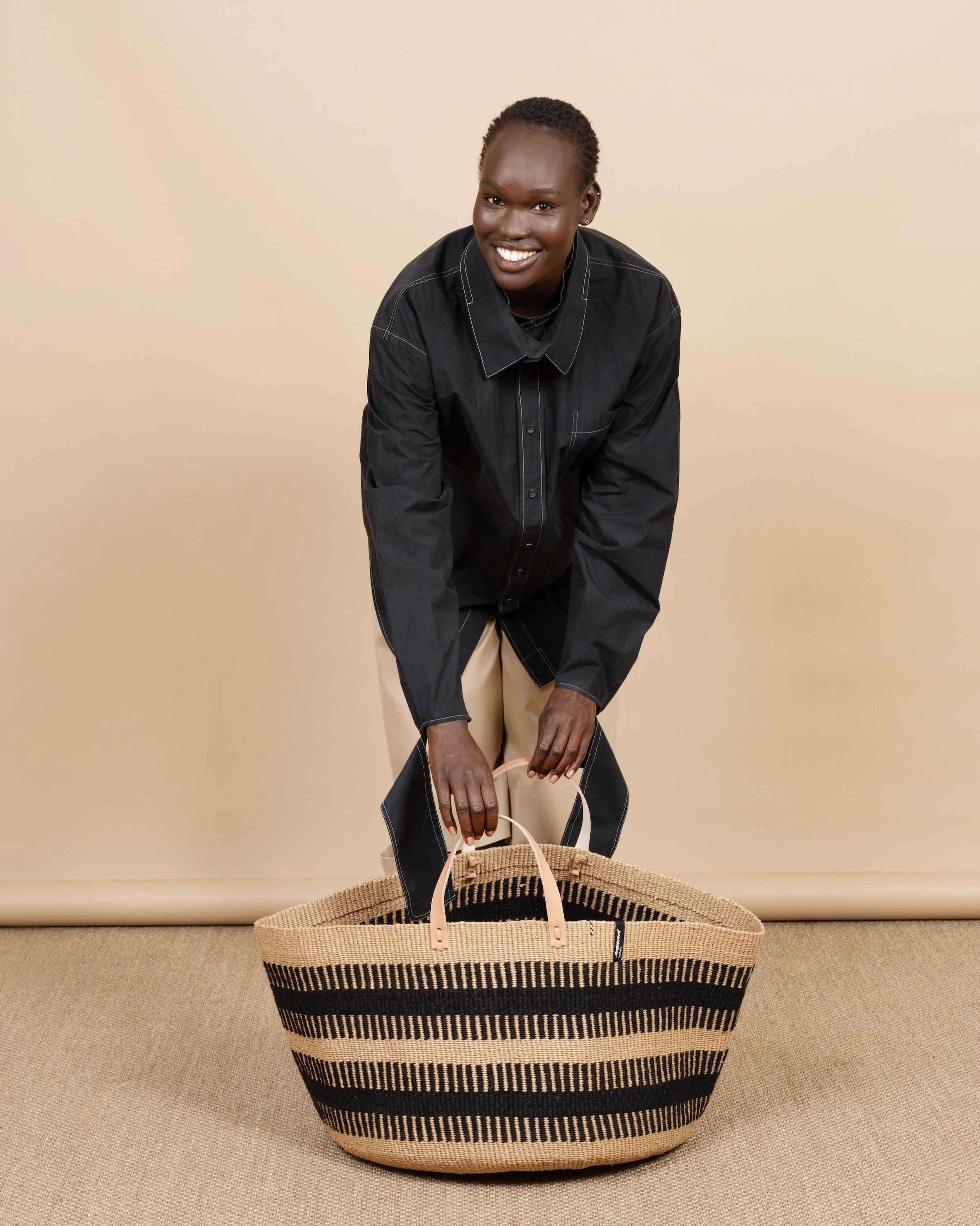Mifuko Wool and paper Large basket with handle Pamba floor basket | Black rib weave with leather handles XXL handmade fair trade