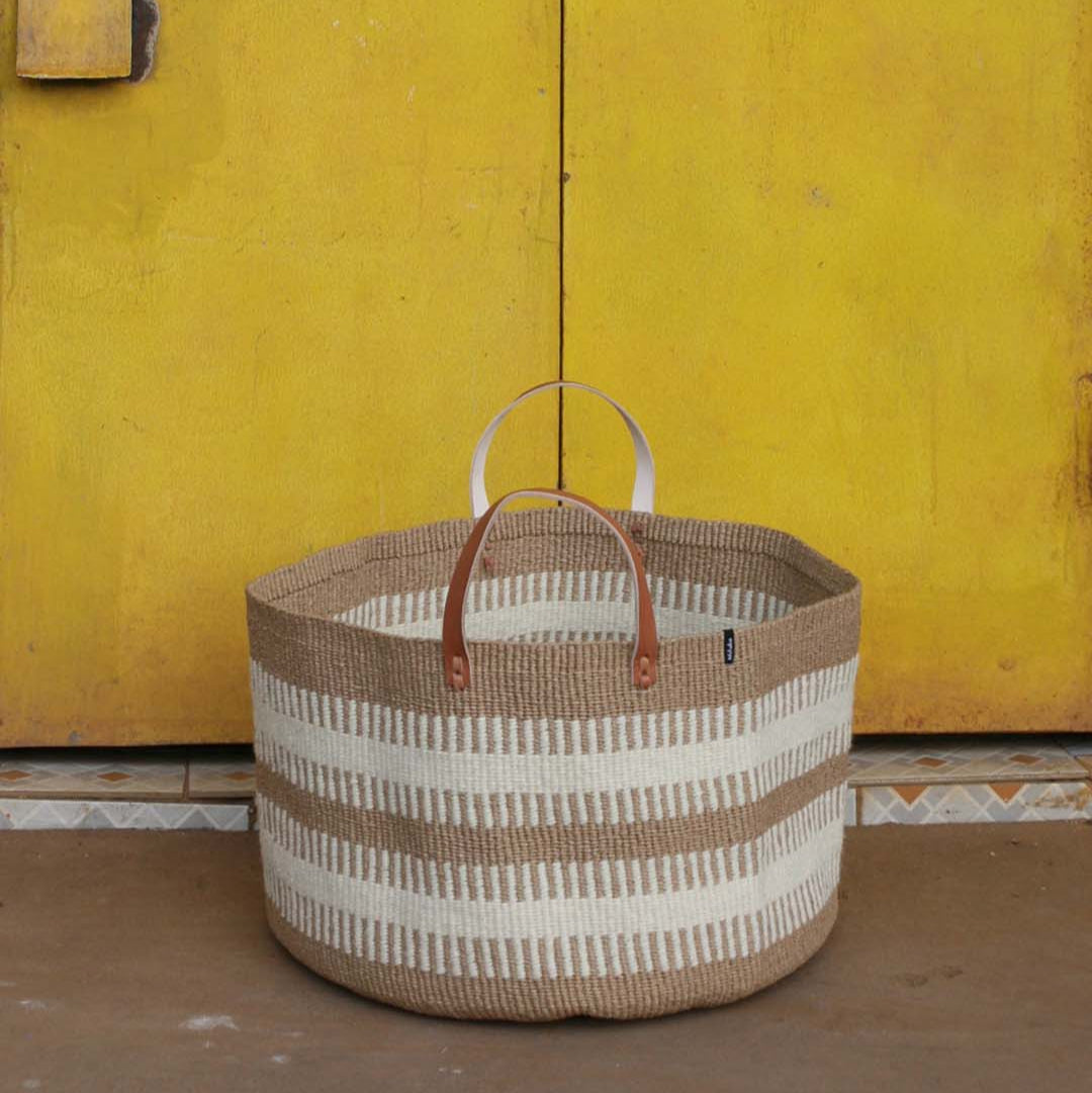 Mifuko Wool and paper Large basket with leather handle XXL Pamba floor basket | White rib weave with Handle XXL handmade fair trade
