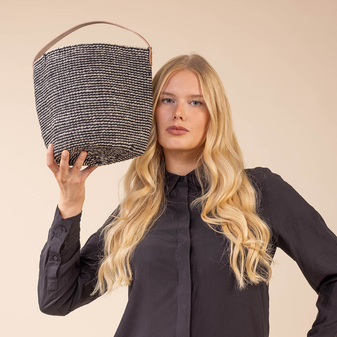 Sisal and wool basket small with leather handle fair trade handmade
