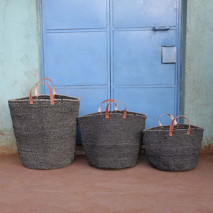 Mifuko Wool, sisal and paper Market basket Pamba market basket | Grey sisal L leather handles fair trade handmade