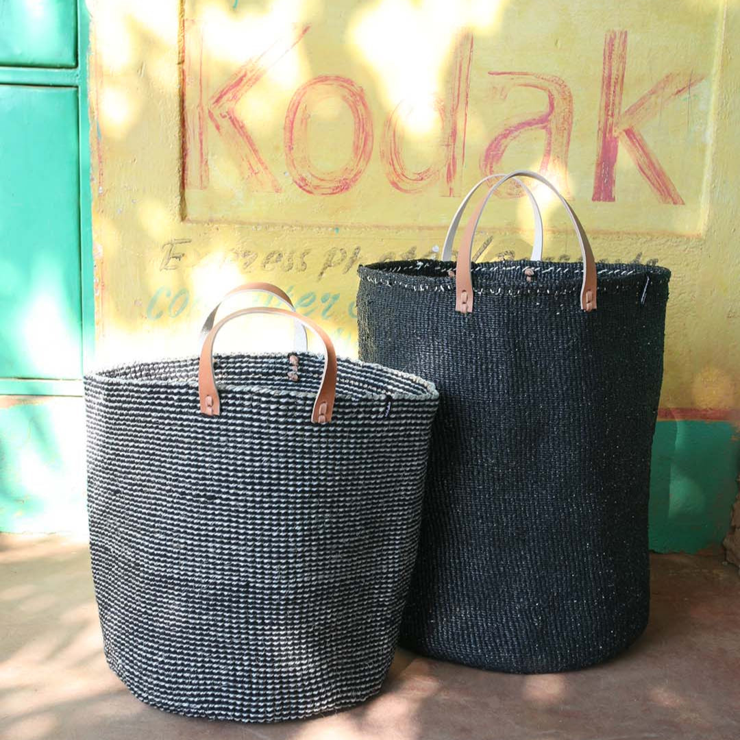 Mifuko Wool, sisal and paper Market basket Pamba market basket | Grey sisal L leather handles fair trade handmade