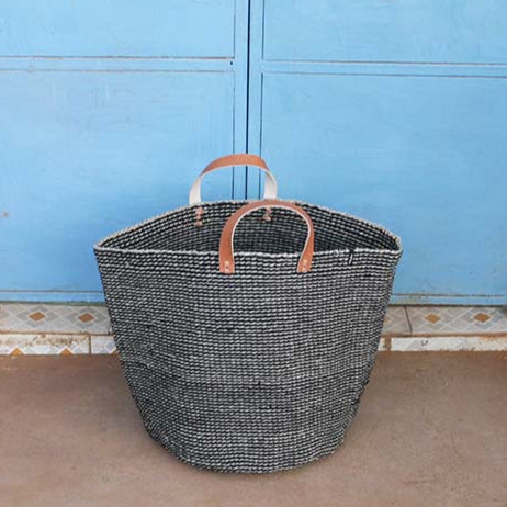 Mifuko Wool, sisal and paper Market basket Pamba market basket | Grey sisal L leather handles fair trade handmade