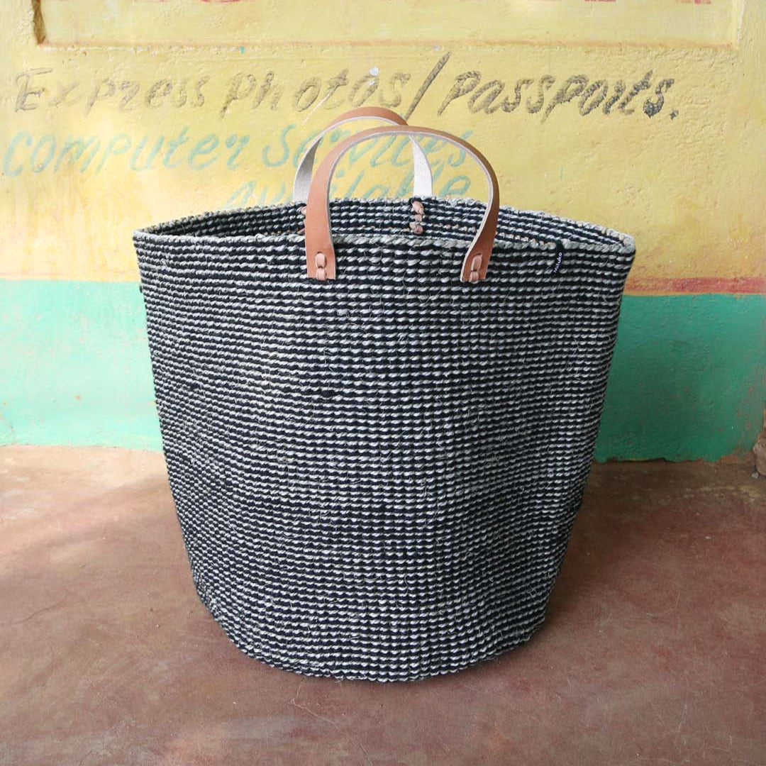 Mifuko Wool, sisal and paper Market basket Pamba market basket | Grey sisal L leather handles fair trade handmade