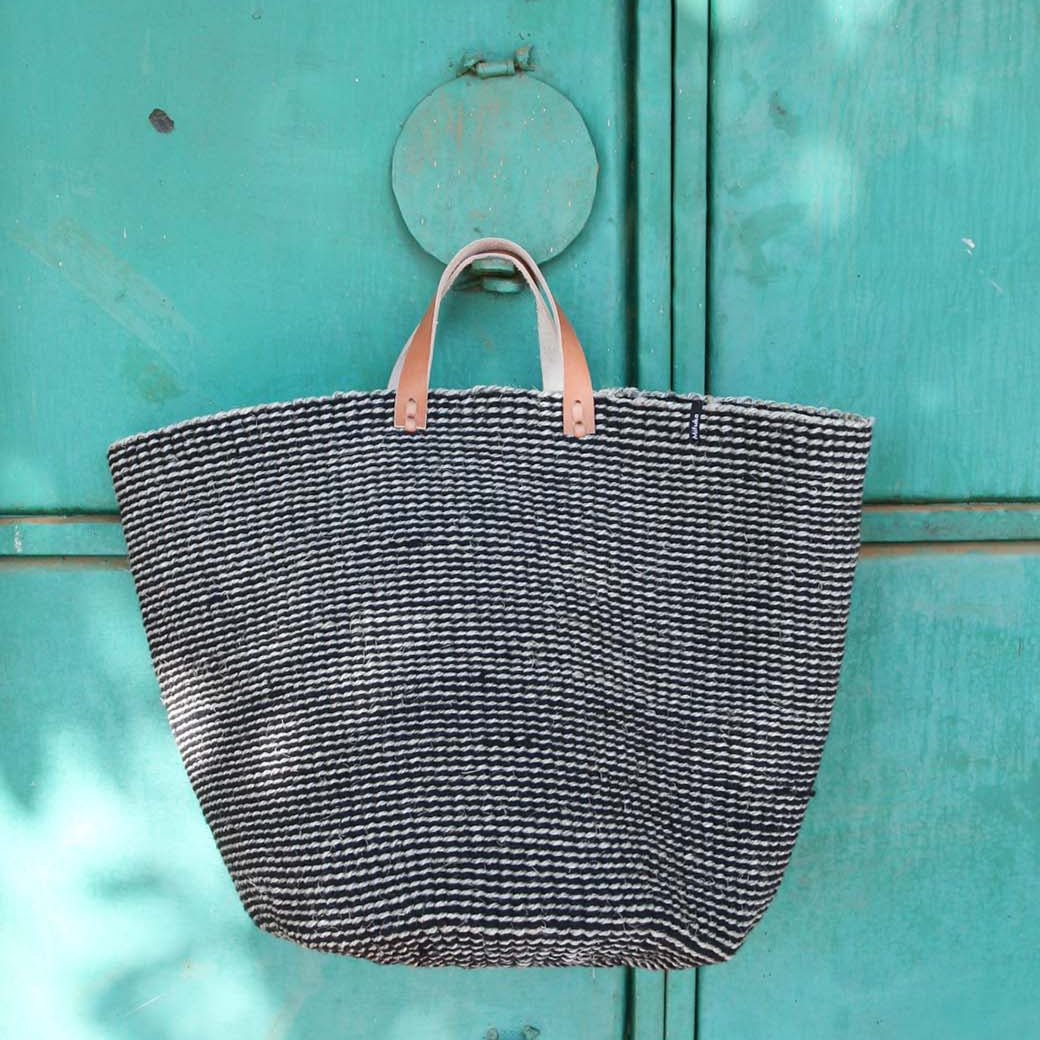 Mifuko Wool, sisal and paper Market basket Pamba market basket | Grey sisal L leather handles fair trade handmade