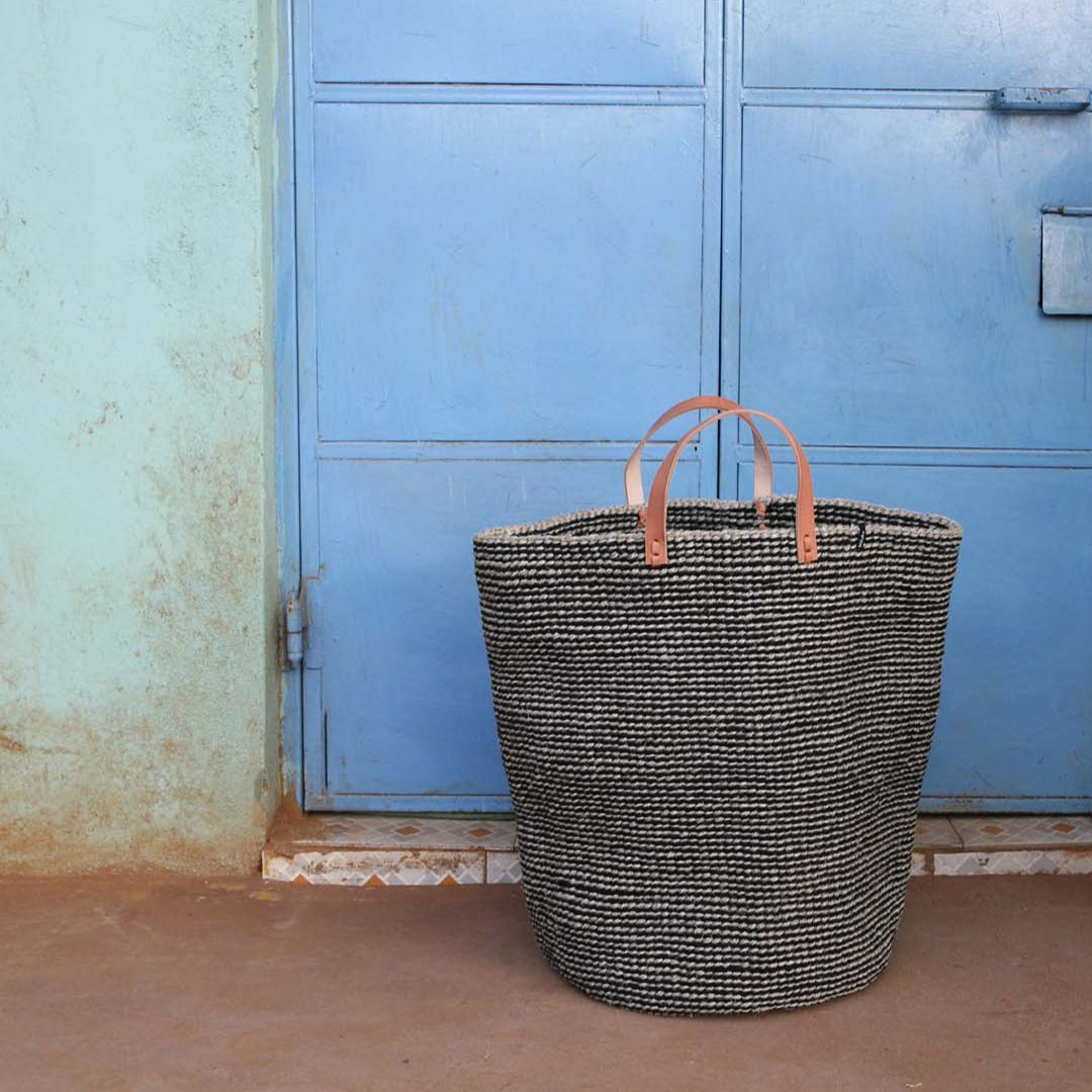Mifuko Wool, sisal and paper Large basket with handle Pamba floor basket | Grey sisal with leather handles XL handmade fair trade