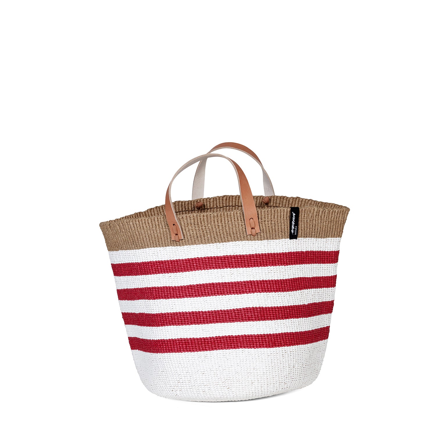 Mifuko Plastic and paper Market basket Kiondo Market basket | Thin stripe red M handmade fair trade leather handles