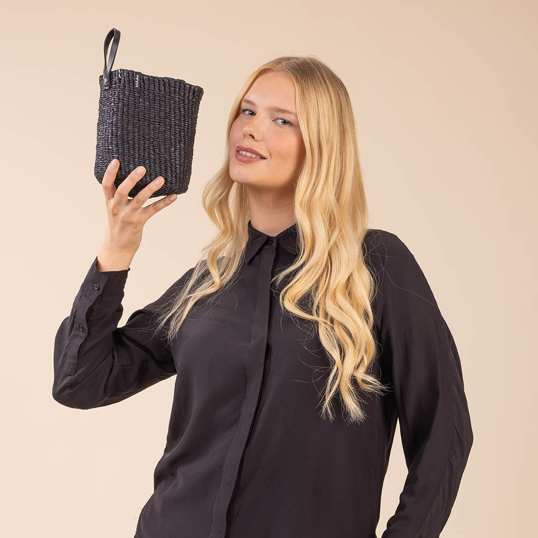 Small paper basket with leather loop fairtrade hand made