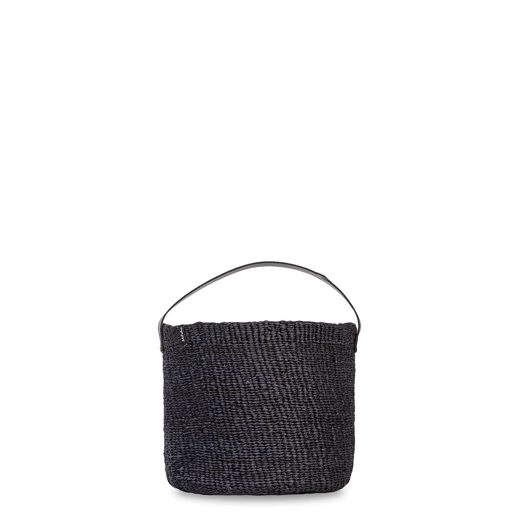 Small black basket with leather handle handmade fair trade