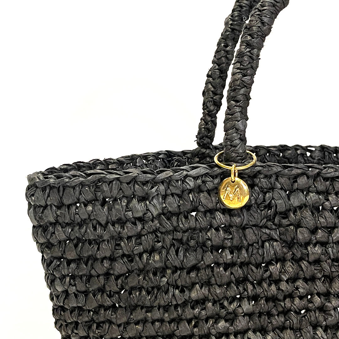 mifuko handbag black crocheted handmade fair trade paper brass detail